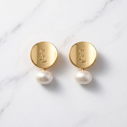 Textured Disc & Luminous Pearl Drop Earrings ( YSL )