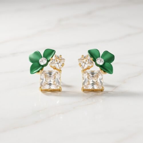 Jewelry_catalog_image_transforma…_2K_202608031831 Green Enamel Floral Crystal Stud Earrings