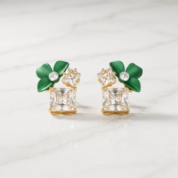Green Enamel Floral Crystal Stud Earrings