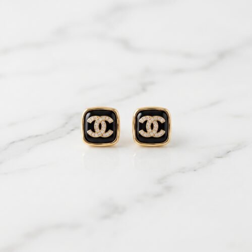 Luxury_jewelry_catalog_product_p…_202608070951 Black Enamel Square Monogram Stud Earrings ( Chenal )