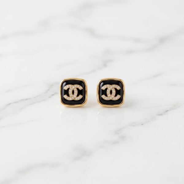 Black Enamel Square Monogram Stud Earrings ( Chenal )