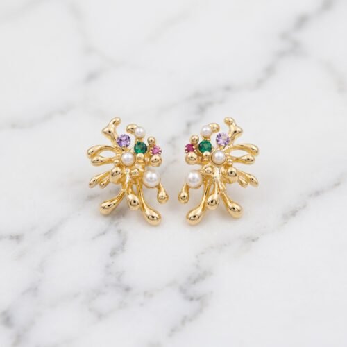 Multi-Gem Fan & Pearl Cluster Earrings