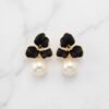 Black Enamel Floral & Pearl Drop Earrings
