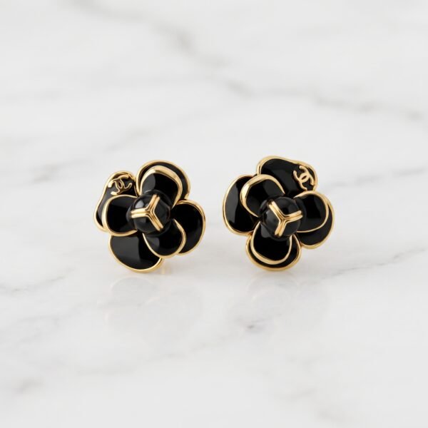 Black Enamel Floral Monogram Stud Earrings