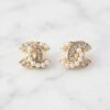 Pearl-Bordered Pavé Monogram Stud Earrings ( Chenal )
