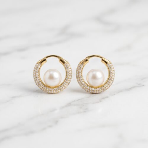 Pavé Crystal & Floating Pearl Hoop Earrings