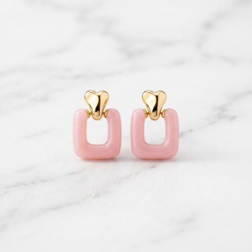 Heart-Topped Pink Enamel Loop Earrings