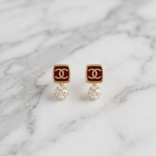 Maroon Enamel Monogram & Crystal Stud Earrings ( Chenal )