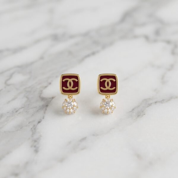 Maroon Enamel Monogram & Crystal Stud Earrings ( Chenal )