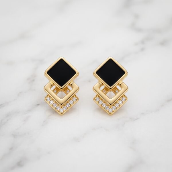 Black Enamel & Pave Tiered Geometric Earrings