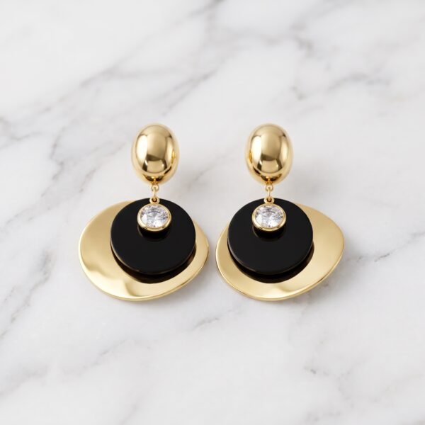 Black Enamel & Gold Layered Disc Earrings