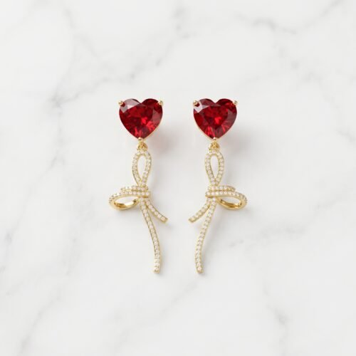 Ruby Crystal Heart & Pavé Ribbon Drop Earrings
