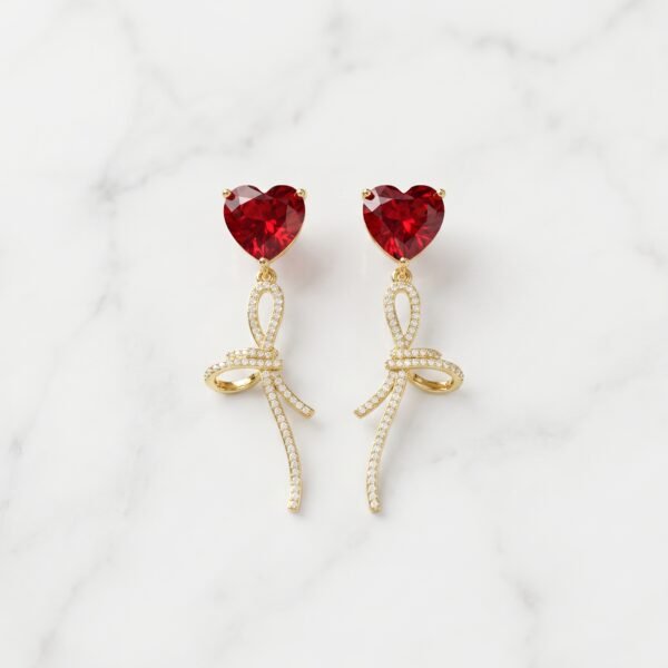 Ruby Crystal Heart & Pavé Ribbon Drop Earrings