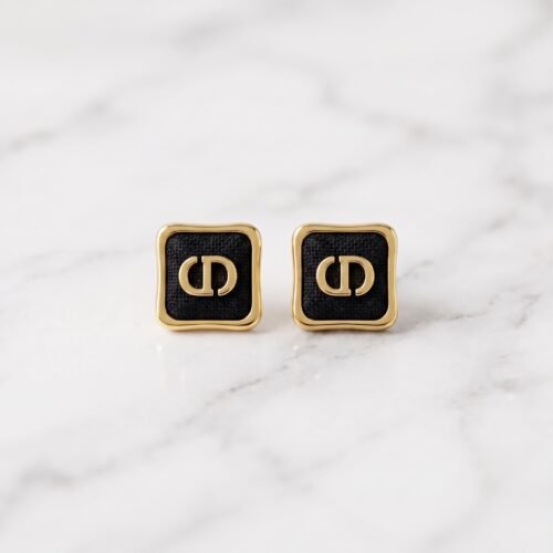 Modify_black_part_to_fabric_202608081049 Black Enamel Monogram Square Stud Earrings ( Christian Dior )