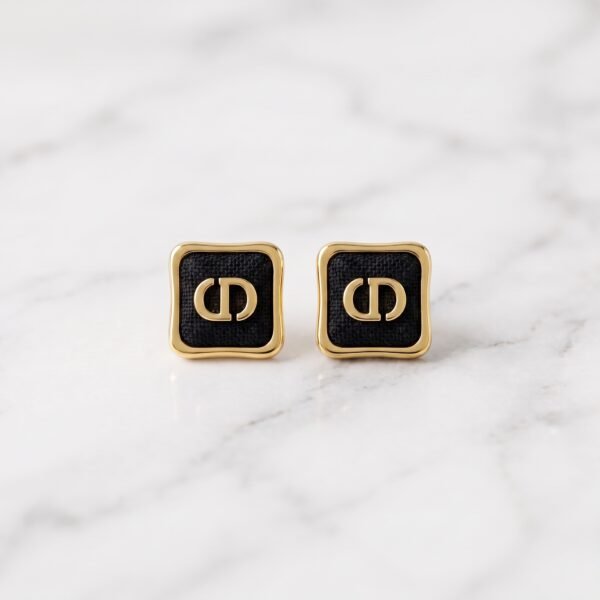 Black Enamel Monogram Square Stud Earrings ( Christian Dior )